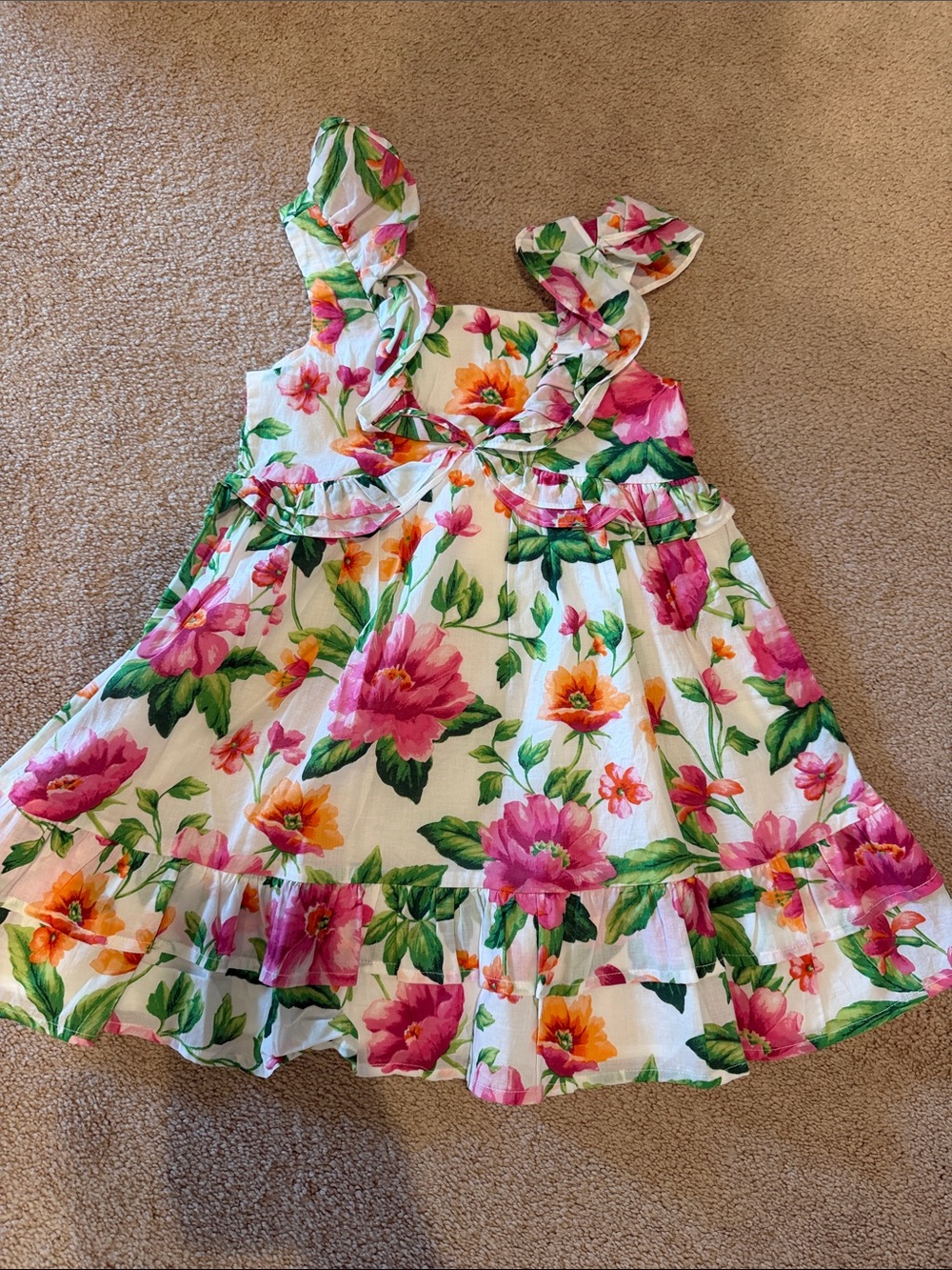 Janie and Jack White Floral Ruffle Sundress with Pink & Orange Blooms